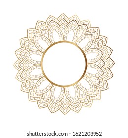 Decorative golden round ornate frame on white background. Luxury mandala in ethnic style. Oriental circular vintage floral illustration. Arabic, Islamic, moroccan, asian, indian native african motif.