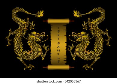 Decorative golden scroll between two orient dragons