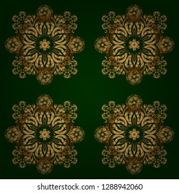 Decorative golden seamless pattern on a green background. Traditional floral decor. Ornamental pattern for invitations, greeting cards, wrapping. Vector ornate elements for design.