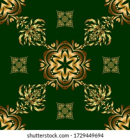 Decorativo patrón dorado sin costura en un fondo. Elementos decorativos vectoriales para el diseño. Decoración floral tradicional. Patrón ornamental para invitaciones, tarjetas de felicitación, envoltura.