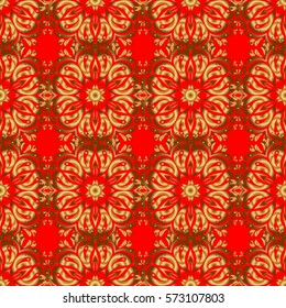 Decorative golden seamless pattern on a red background. Ornamental pattern for invitations, greeting cards, wrapping. Traditional floral decor. Vector ornate elements for design.