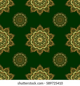 Decorative golden seamless pattern on a green background. Ornamental pattern for invitations, greeting cards, wrapping. Traditional floral decor. Vector ornate elements for design.