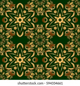 Decorative golden seamless pattern on a green background. Ornamental pattern for invitations, greeting cards, wrapping. Traditional floral decor. Vector ornate elements for design.