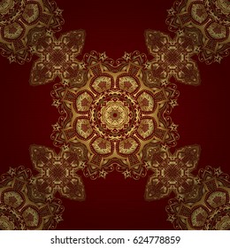 Decorative golden seamless pattern on a red background. Ornamental pattern for invitations, greeting cards, wrapping. Traditional floral decor. Vector ornate elements for design.