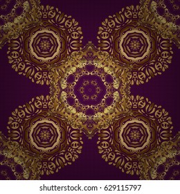 Decorative golden seamless pattern on a purple background. Traditional floral decor. Vector ornate elements for design. Ornamental pattern for invitations, greeting cards, wrapping.