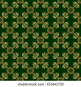 Decorative golden seamless pattern on a green background. Vector ornate elements for design. Ornamental pattern for invitations, greeting cards, wrapping. Traditional floral decor.