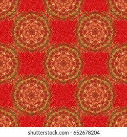 Decorative golden seamless pattern on a red background. Ornamental pattern for invitations, greeting cards, wrapping. Traditional floral decor. Vector ornate elements for design.