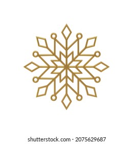 Decorative golden snowflake pattern realistic vector illustration. Glossy traditional winter expensive metallic symbol isolated on white. Glowing elegant festive holiday Christmas tree toy mockup