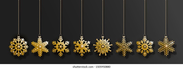 Decorative golden snowflakes with beads hang on gold chains. Set of isolated elements with shadows for Christmas and New Year design on black background. Vector illustration
