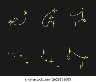 Decorative golden sparkles on a black background create a magical and whimsical atmosphere for design elements