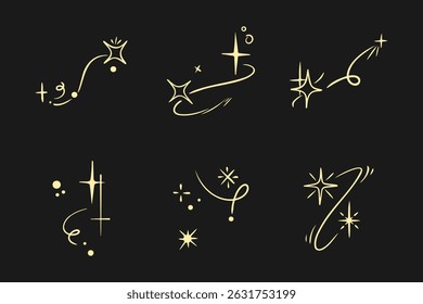 Decorative golden sparkles on a black background create a magical and whimsical atmosphere for design elements