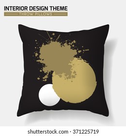 Decorative Golden Splashes Throw Pillow design template in Gold & Black. Original abstract pattern is masked. Modern interior design element. Creative Sofa Cushion. Vector design is layered, editable.