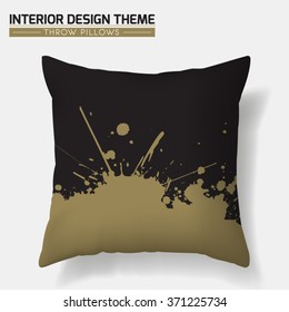 Decorative Golden Splashes Throw Pillow design template in Gold & Black. Original abstract pattern is masked. Modern interior design element. Creative Sofa Cushion. Vector design is layered, editable.