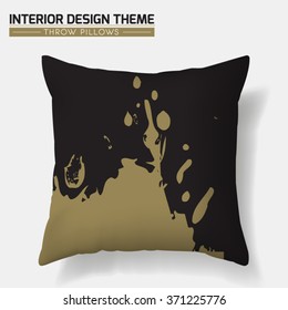 Decorative Golden Splashes Throw Pillow design template in Gold & Black. Original abstract pattern is masked. Modern interior design element. Creative Sofa Cushion. Vector design is layered, editable.