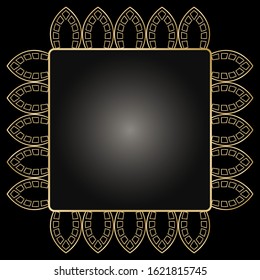 Decorative golden squared ornate frame on black background. Luxury mandala in ethnic style. Vintage floral illustration, art deco. Arabic, Islamic, moroccan, asian, indian native african motif.