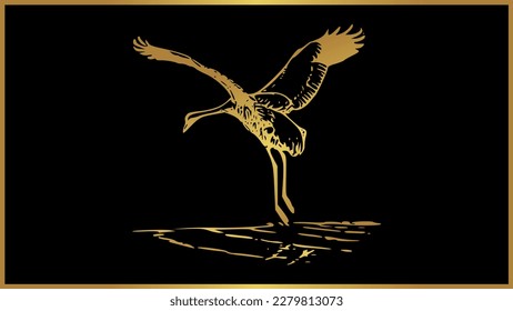 Decorative golden Whooping Crane drawing vector art, Isolated flying crane bird illustration decor with gold color.