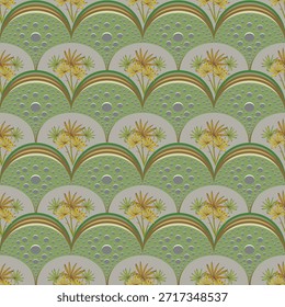  Patrón decorativo de color marrón dorado con escamas de arco iris arqueadas, bordes punteados y motivos centrales de hojas abstractas en tonos cálidos y terrosos.