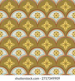  Patrón decorativo de color marrón dorado con escamas de arco iris arqueadas, bordes punteados y motivos centrales de hojas abstractas en tonos cálidos y terrosos.