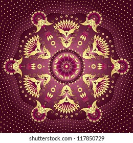 Decorative gold-purple round frame with vintage patterns (vector)