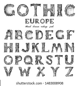 Decorative Gothic alphabet in ancient style. Antique old Font for labels. Vintage typeface. Editable and layered monogram. Hand drawn Vector modern letters.