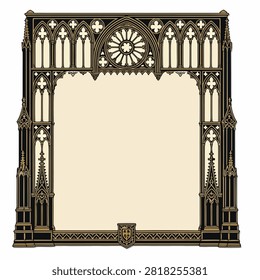 A decorative gothic architectural frame featuring pointed arches, intricate tracery, and a central rose window element in gold and black on a light parchment background.