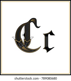 Decorative Gothic Letter C. Small and Capital  letters with pattern. Characters of Alphabet  are separate from the white background.  Initial and small letters ?