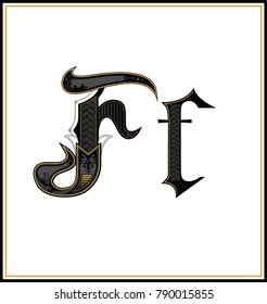 Decorative Gothic Letter F. Small and Capital  letters with pattern. Characters of Alphabet  are separate from the white background.  Initial and small letters F