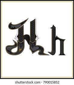 Decorative Gothic Letter H . Small and Capital  letters with pattern. Characters of Alphabet  are separate from the white background.  Initial and small letters H 