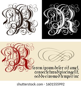 Decorative Gothic Letter R. Uncial Fraktur calligraphy. Vector Eps-8 separated by groups and layers for easy edit.