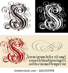 Decorative Gothic Letter S. Uncial Fraktur calligraphy. Vector Eps-8 separated by groups and layers for easy edit.