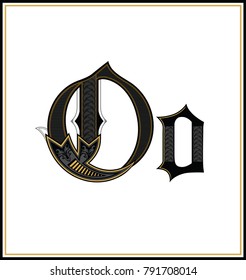 Decorative Gothic Letter . Small and Capital  letters with pattern. Characters of Alphabet  are separate from the white background.  Initial and small letters 