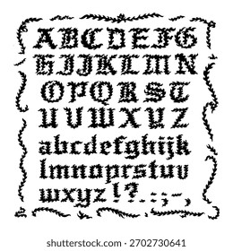 A decorative gothic-style alphabet set featuring uppercase and lowercase letters with a thorny, textured design. 