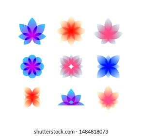 Decorative gradient buds. Vector. Flowers for logo and corporate identity. Lotuses, roses and other decorative plant elements. Fashionable style.