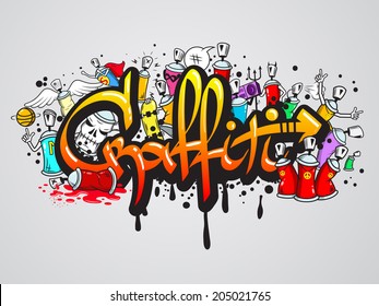 Decorative graffiti art spray paint letters and characters abstract wall artwork composition vector illustration