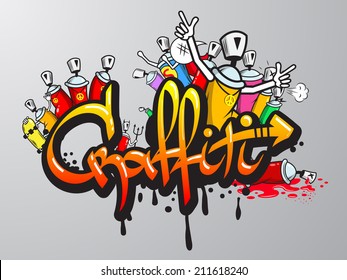 Decorative graffiti art spray paint letters and characters composition abstract wall aerosol sketch grunge vector illustration