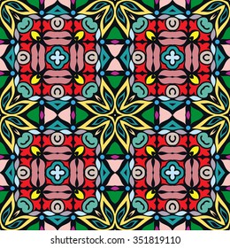 Decorative graphic background, seamless geometric floral pattern. Repeating fabric texture. Tribal ethnic ornament, colorful vector illustration.