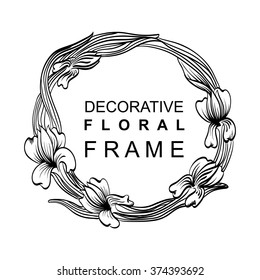 Decorative graphic black floral frame. Stylized contoured irises isolated on white background. Flowers hand drawn on a tablet. Contour black flowers on white background.