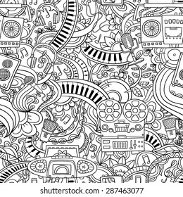 Decorative graphic curly floral  musical seamless pattern, monochrome endless pattern with tape recorders, microphones, headphones, flowers and leaves for wallpaper, web page background, textiles. 