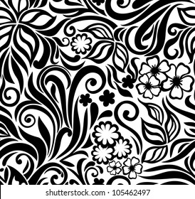 Decorative graphic curly seamless background with flowers and leaves
