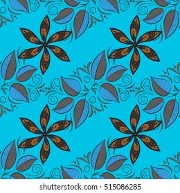 Decorative graphic curly seamless pattern with flowers and leaves. Dark flowers. Brown.