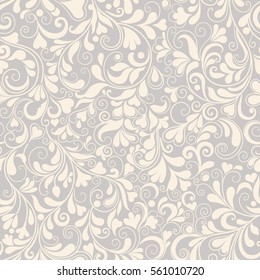 Decorative graphic curly seamless vector background with  leaves, flowers and hearts