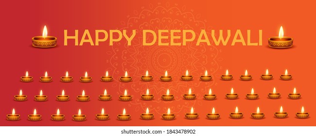 decorative graphic design of Deepavali celebrations. Many Diya's illuminated with bright flame arranged on floor and traditional floral mandala designs beneath. Happy Deepawali greeting cards ,banner 