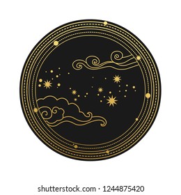 Decorative graphic design element in oriental style. Clouds, stars. Vector hand drawn illustration