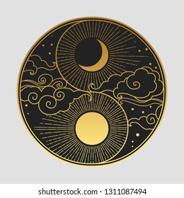 Декоративный графический элемент дизайна в восточном стиле. Солнце, луна, облака, звезды. Векторная рисованная иллюстрация