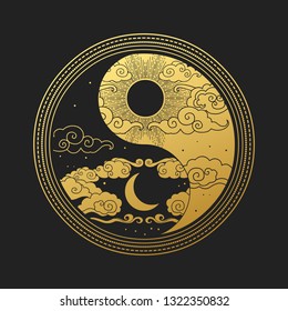 Decorative graphic design element in oriental style. Sun, Moon, clouds, stars. Vector hand drawn illustration