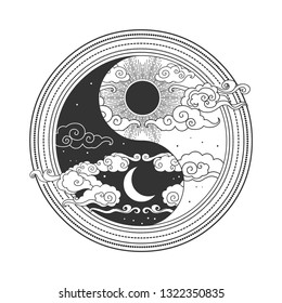 Decorative graphic design element in oriental style. Sun, Moon, clouds, stars. Vector hand drawn illustration