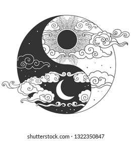 Декоративный графический элемент дизайна в восточном стиле. Солнце, луна, облака, звезды. Векторная рисованная иллюстрация