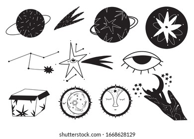 Diseño gráfico decorativo de estilo oriental. Sol, estrellas. Ilustración dibujada a mano por vectores.