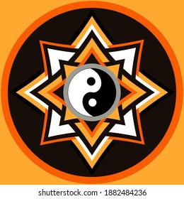 Decorative graphic design element in oriental style. Sun, Moon, clouds, stars. Vector hand drawn illustration