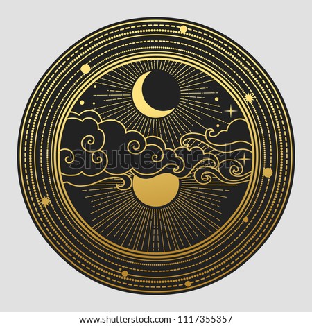 Decorative graphic design element in oriental style. Sun, Moon, clouds, stars. Vector hand drawn illustration